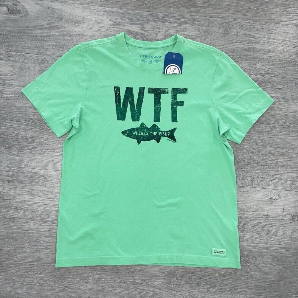 Life Is Good Men’s Medium WTF Where's The Fish Fishing Classic Crusher Shirt New